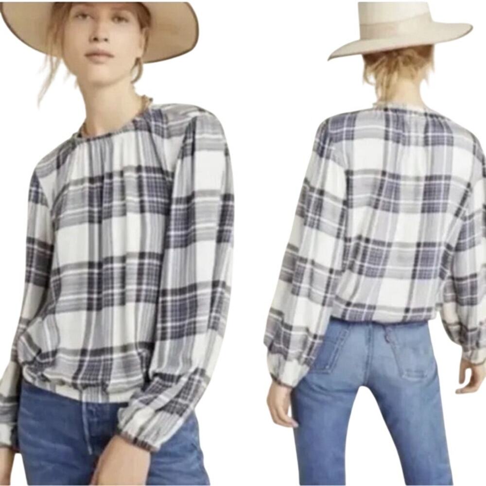 Cloth & Stone Anthropologie Blouse Top Cream Blue Purple Glacier Plaid Petite XS